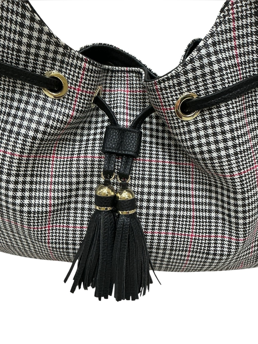 Liz Claiborne Houndstooth Shoulder Bag Tassel 3 Compartment Preppy Heritage Chic - Picture 3 of 16